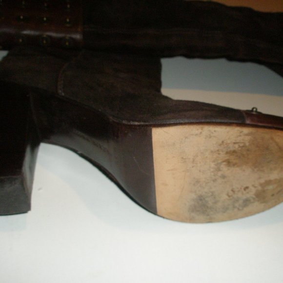 Miss Sixty 2004-05 38M Tall Brown Suede Grommet Embellished Stacked Heel Boots - Picture 10 of 14